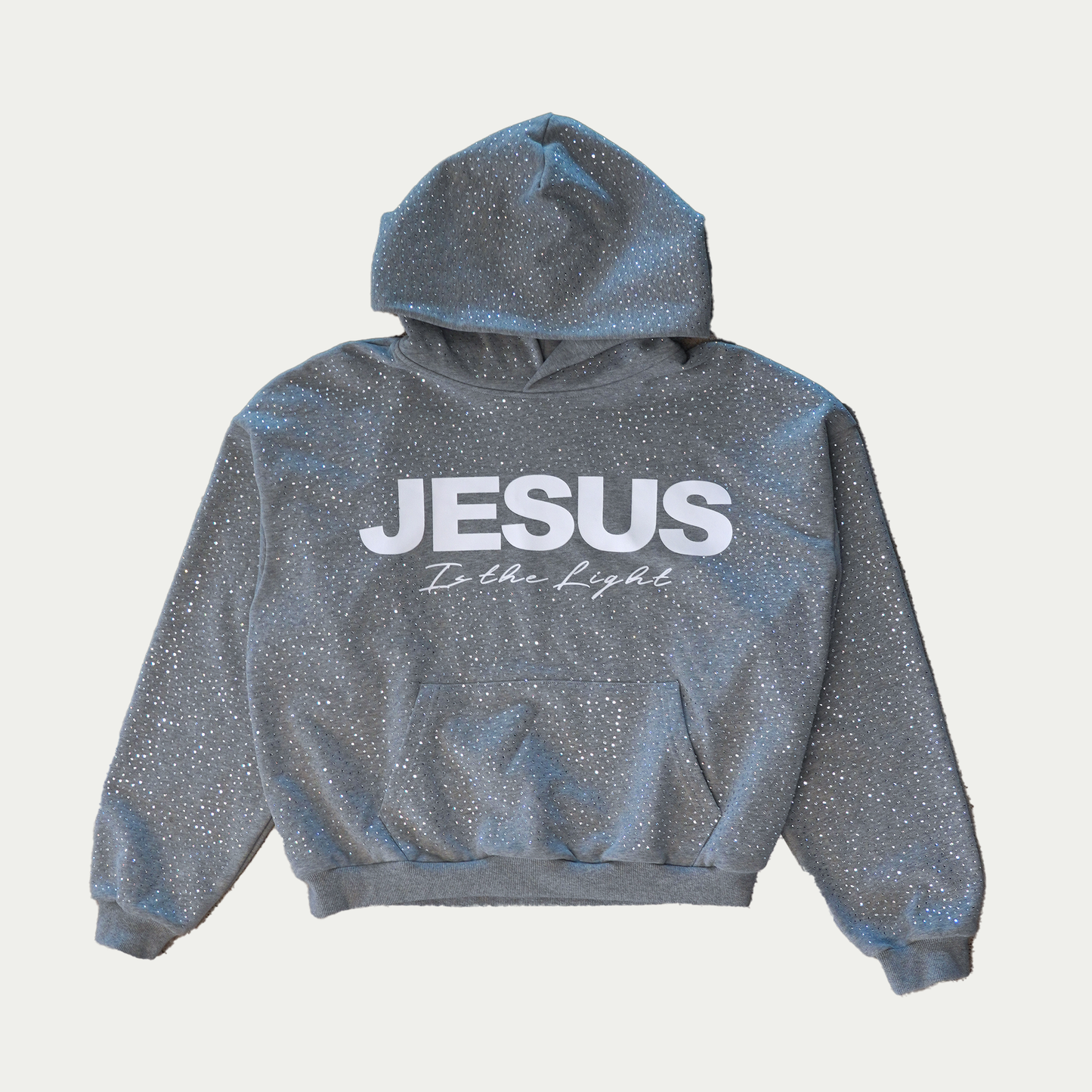 JESUS IS THE LIGHT Rhinestone Hoodie Grey Oversized