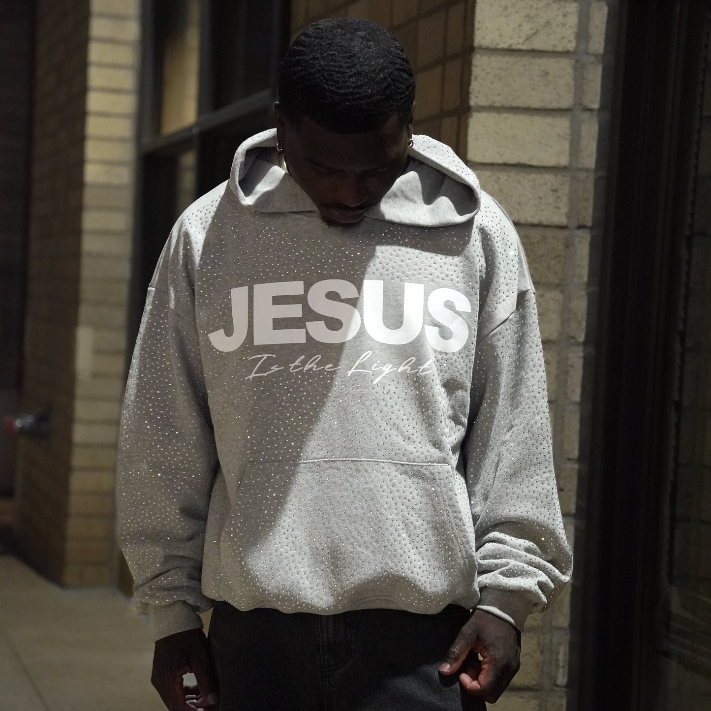 JESUS IS THE LIGHT Rhinestone Hoodie Grey Oversized