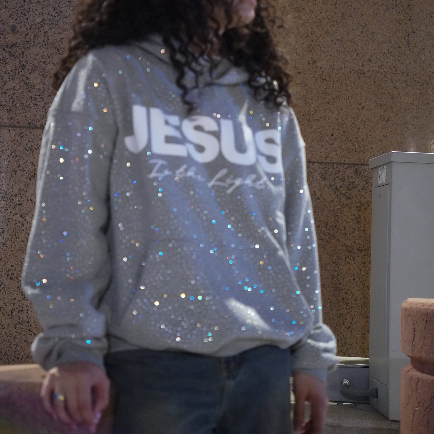JESUS IS THE LIGHT Rhinestone Hoodie Grey Oversized