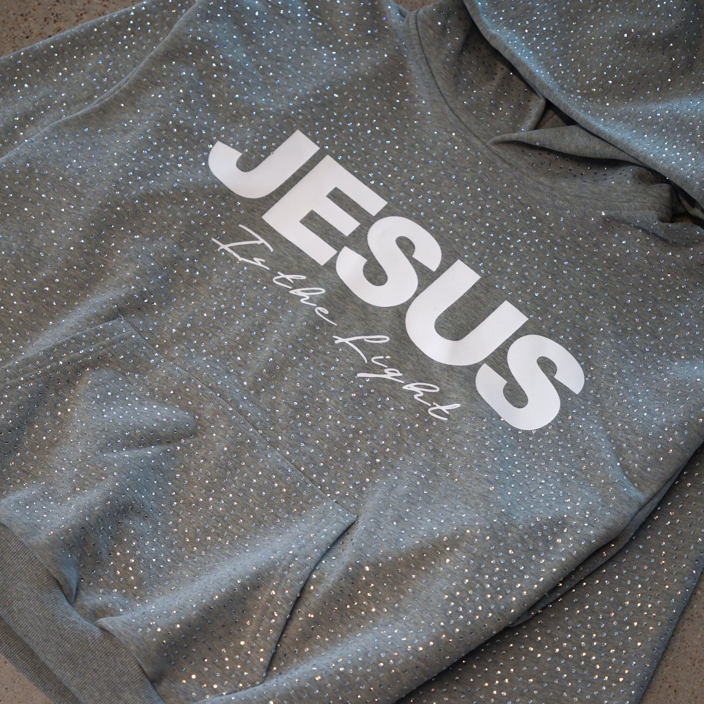 JESUS IS THE LIGHT Rhinestone Hoodie Grey Oversized